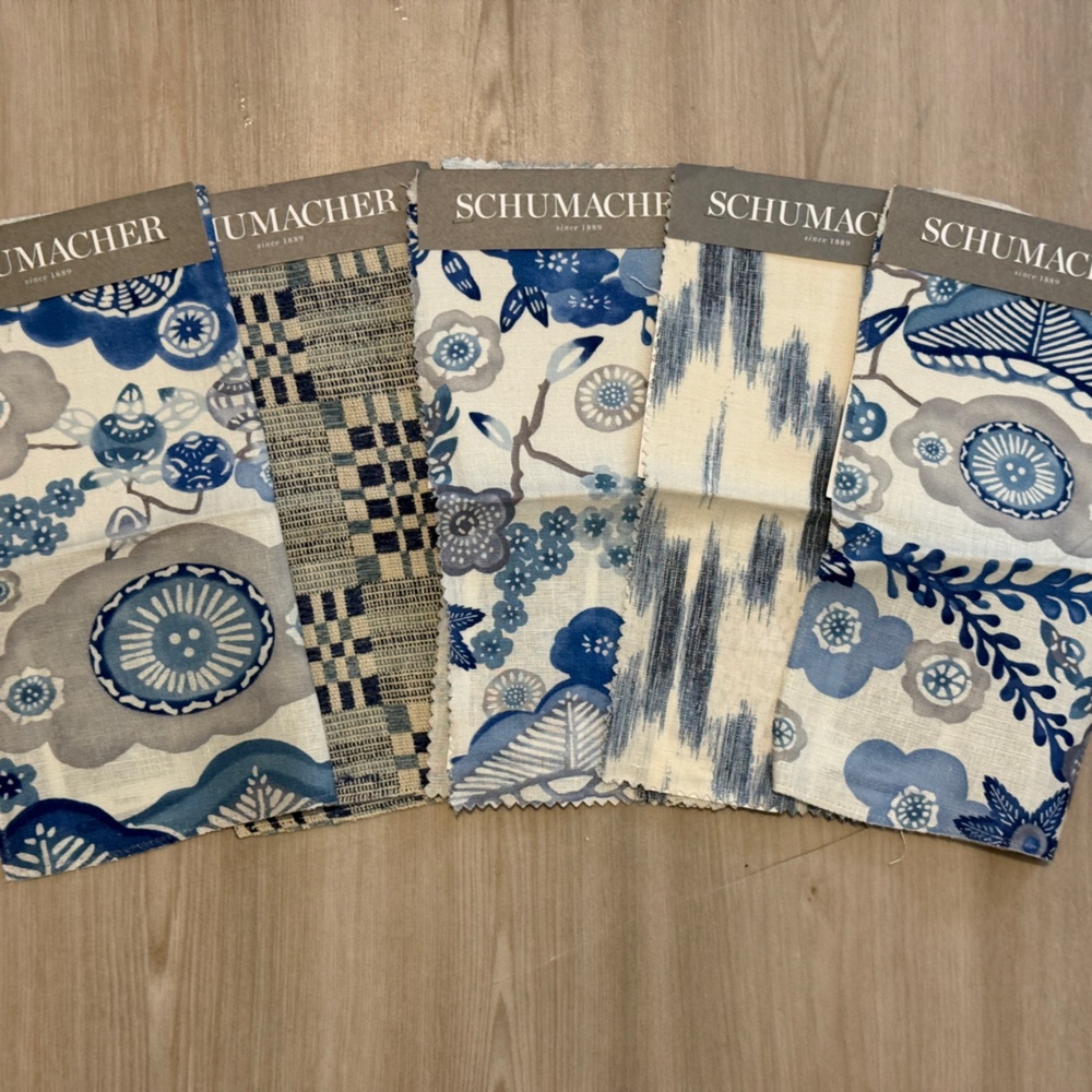 Schumacher Blue and Gray Fabric Swatches
